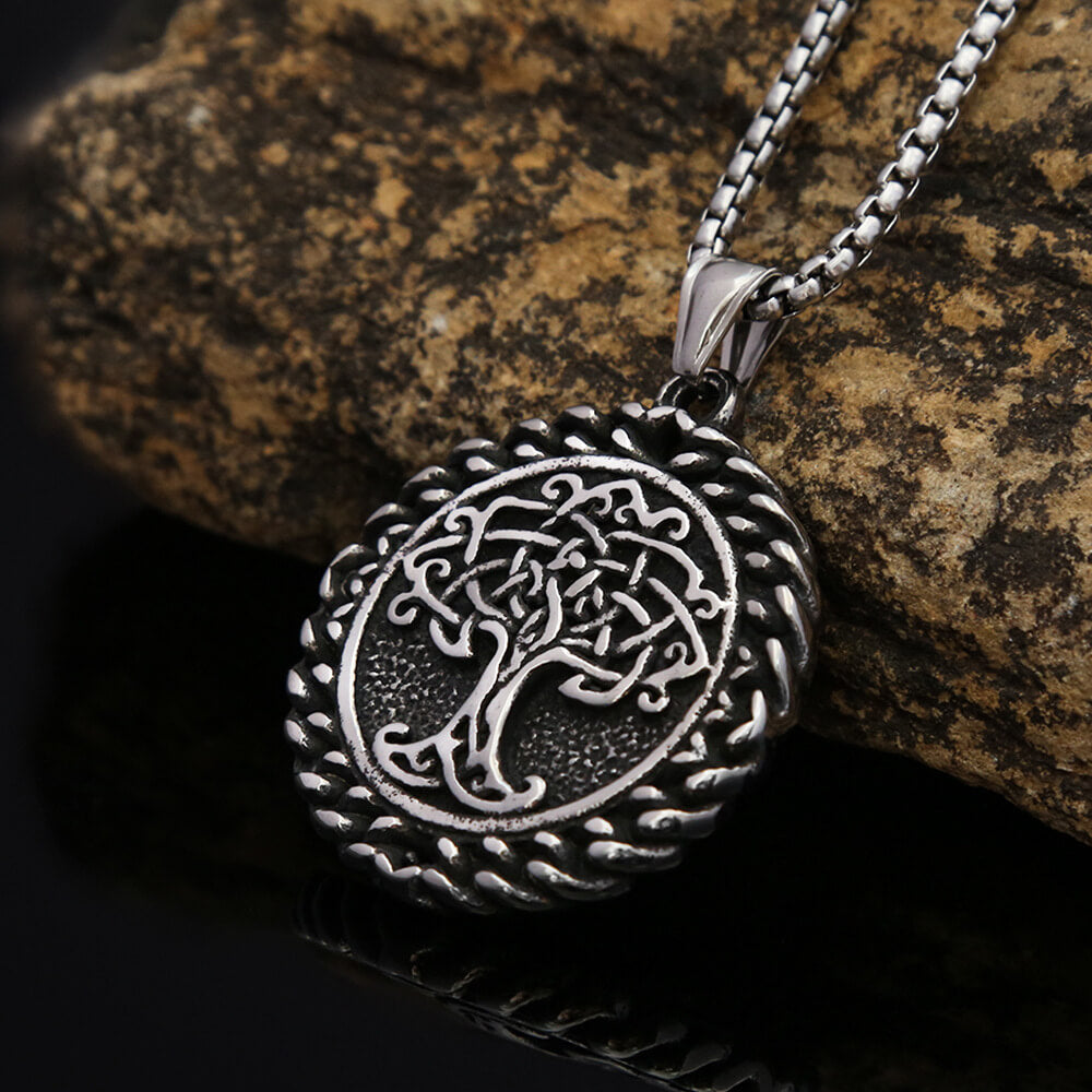 Men's Steel Vintage Viking Tree of Life Round Pendant Necklace