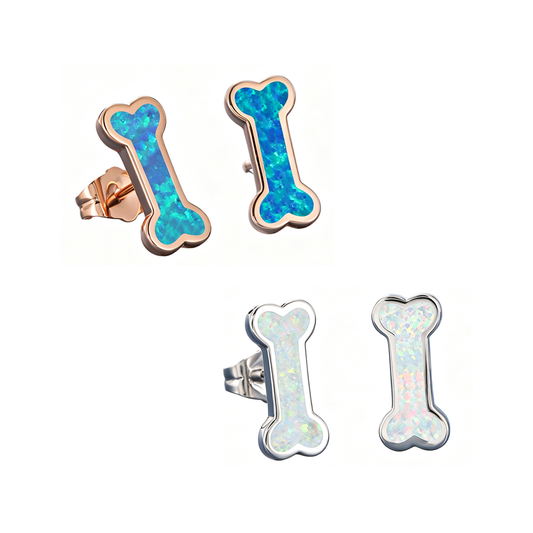 Women's Bone‑Shape Stud Earrings, Blue Opal / White Opal Inlay, Rose Gold Plating / White Gold Plating