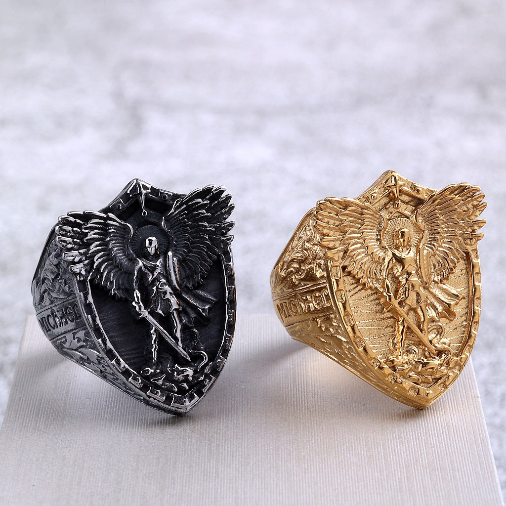 Vintage Solid Stainless Steel Punk St. Michael Dragon Slayer Ring for Men