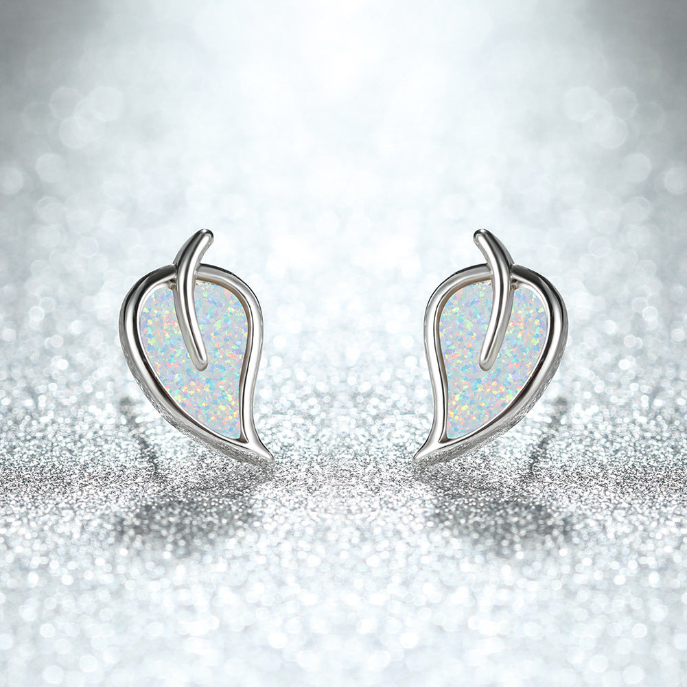 Women's Leaf‑Shape Stud Earrings, Blue Opal / White Opal Inlay, Rose Gold Plating / White Gold Plating