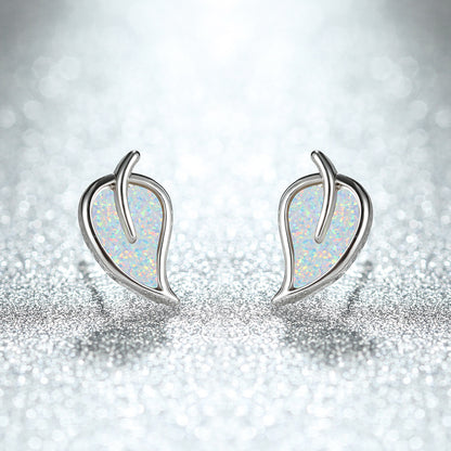 Women's Leaf‑Shape Stud Earrings, Blue Opal / White Opal Inlay, Rose Gold Plating / White Gold Plating