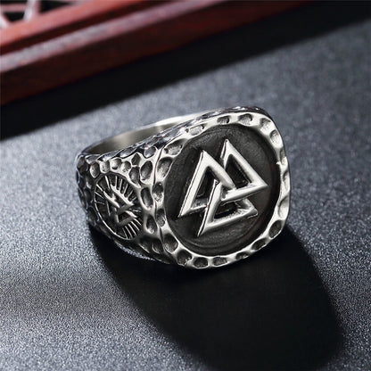 Vintage Solid Stainless Steel Viking Valknut Vegvisir Round Signet Ring for Men