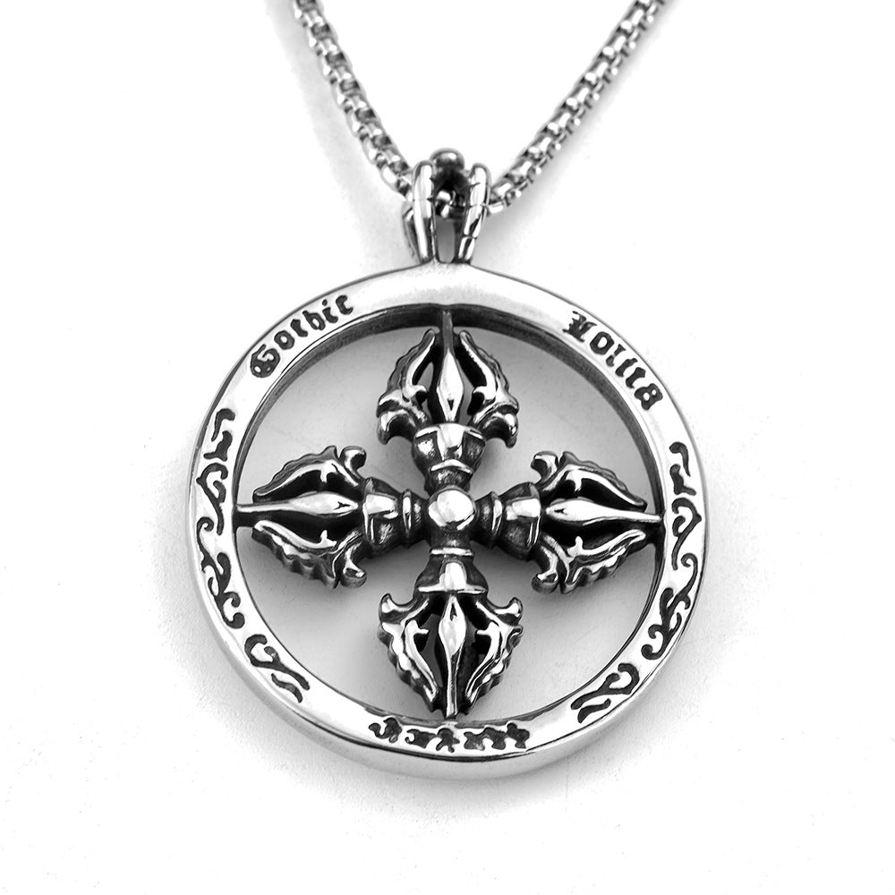 Men's Steel Hollow Vajra Round Pendant Necklace