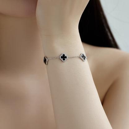 Women's Delicate Bracelet, Black Onyx & Round White Zirconia Inlay Clover Design, S925 with White Gold Plating