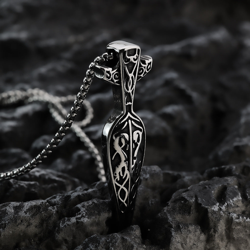 Mens Steel Viking Celtic Spear Shape Pendant Necklace