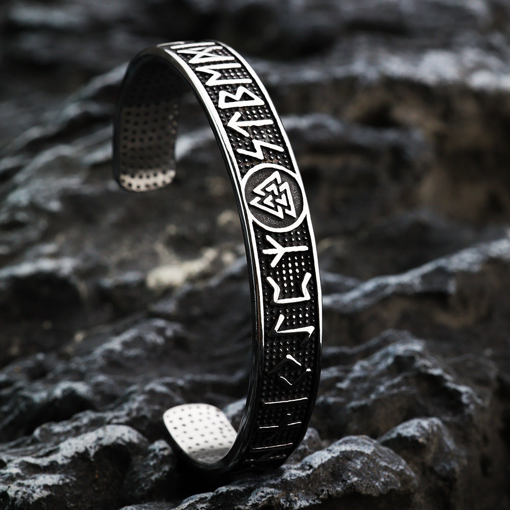 Men's Nordic Pirate Vintage Solid Stainless Steel Open C Cuff Bracelet, Engraved Viking Rune Symbols Adjustable Retro Bangle