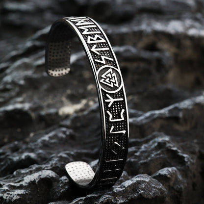 Men's Nordic Pirate Vintage Solid Stainless Steel Open C Cuff Bracelet, Engraved Viking Rune Symbols Adjustable Retro Bangle