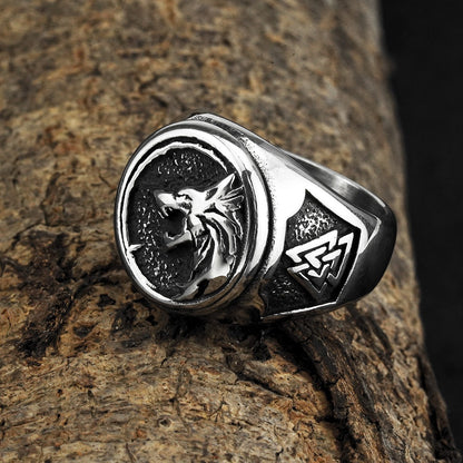 Vintage Solid Stainless Steel Norse Viking Wolf Head Valknut Triangle Band Ring for Men