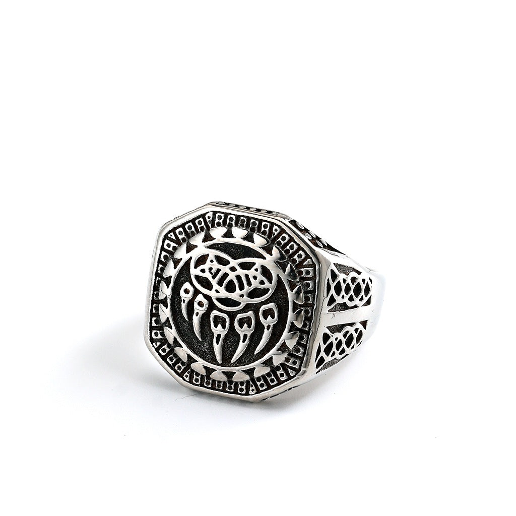 Vintage Solid Stainless Steel Engraved Viking Hollow Bear Claw Octagon Signet Ring for Men