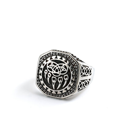 Vintage Solid Stainless Steel Engraved Viking Hollow Bear Claw Octagon Signet Ring for Men