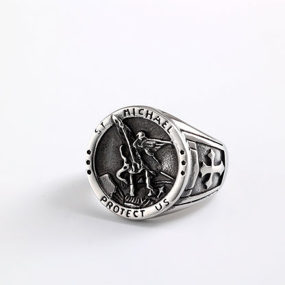 Vintage Solid Stainless Steel Archangel Saint Michael Dragon Slayer Round Signet Ring for Men