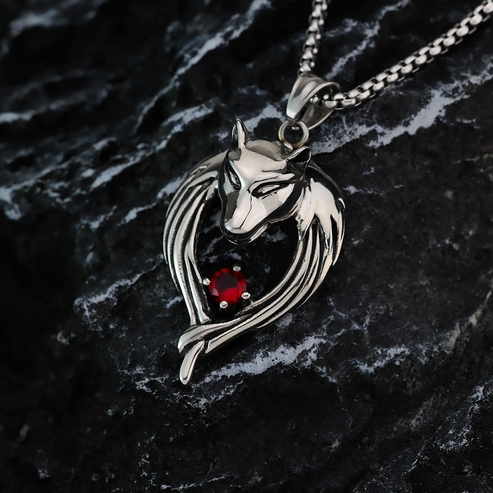 Vintage Stainless Steel Men's Wolf Head Pendant Necklace Inlaid Red Zircon