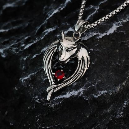 Vintage Stainless Steel Men's Wolf Head Pendant Necklace Inlaid Red Zircon