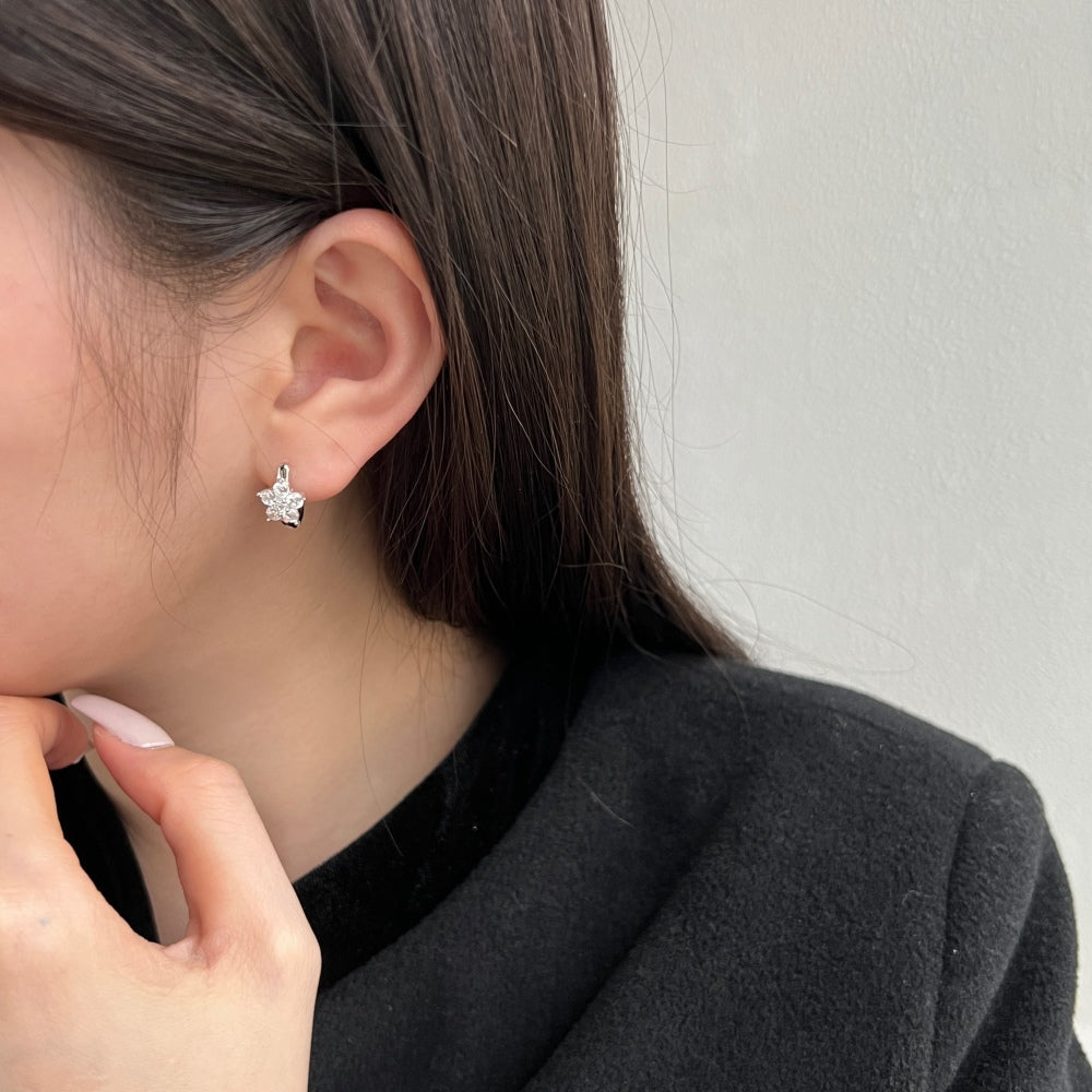 Women's Flower Huggie Hoop Earrings, Inlaid Round Zirconia, S925 with White Gold Plating