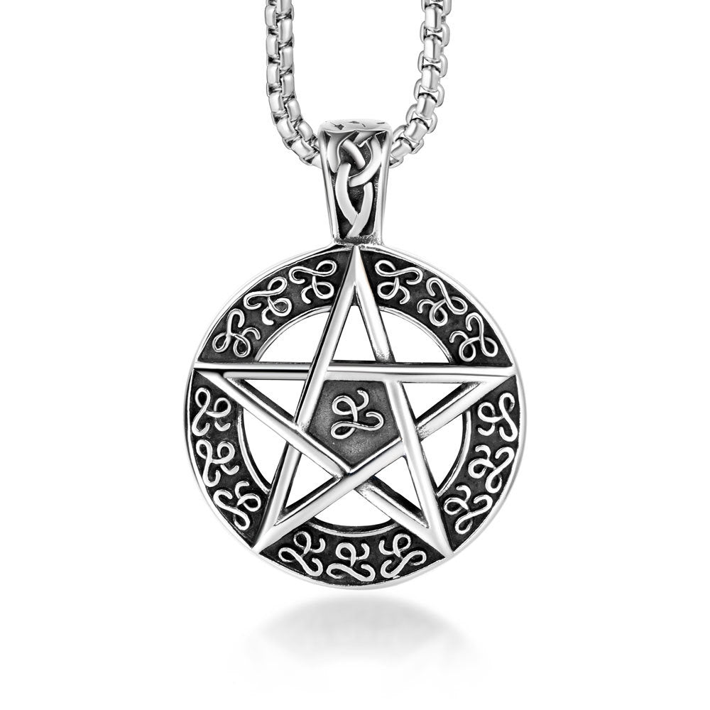 Men's Steel Pentagram Round Pendant Necklace