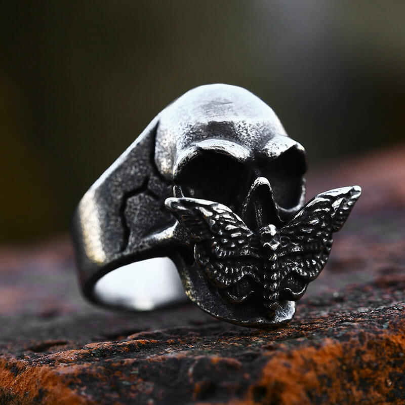 Mens Domineering Stainless Steel Moth Skull Ring