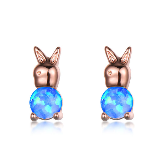 Women's Rabbit‑Shape Stud Earrings, Blue Opal / White Opal Inlay