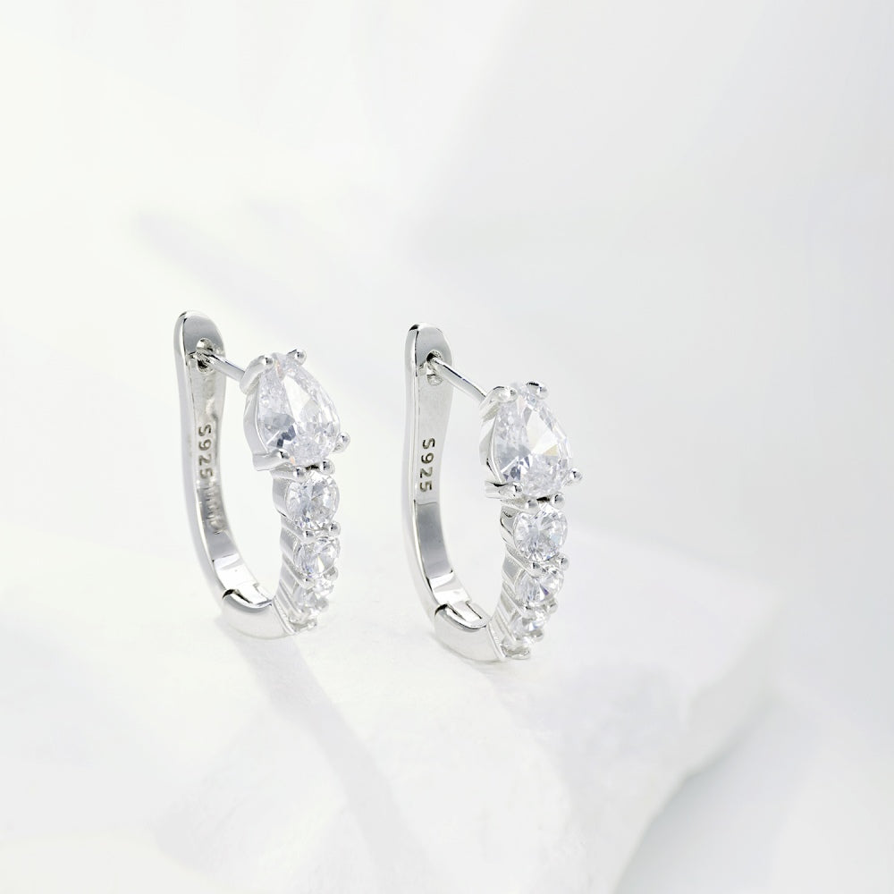 Women's U‑Shape Click Hoop Earrings, Teardrop & Round Paved Zirconia, S925 with White Gold Plating