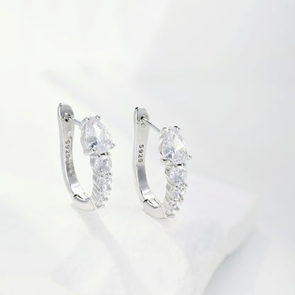 Women's U‑Shape Click Hoop Earrings, Teardrop & Round Paved Zirconia, S925 with White Gold Plating
