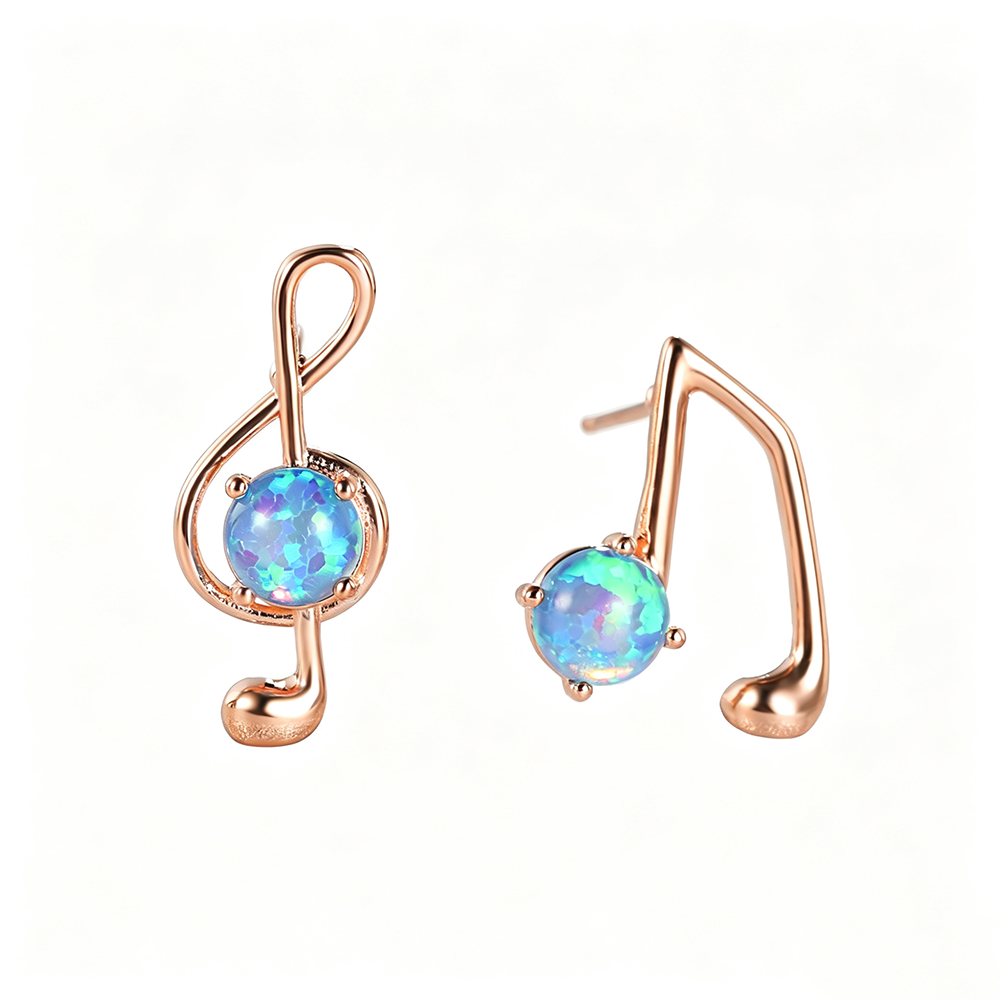 Women's Asymmetrical Music Note Round Opal Stud Earrings, Blue Opal & White Opal