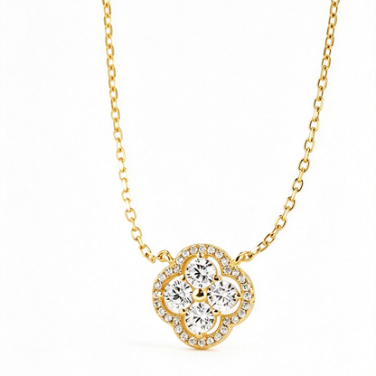 Women's Clover Flower Pendant Necklace, Inlaid Round Zirconia, S925 with 18K Gold Tone Plating
