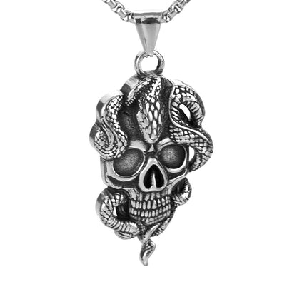 Men's Steel Snake Wrapped Skull Pendant Necklace