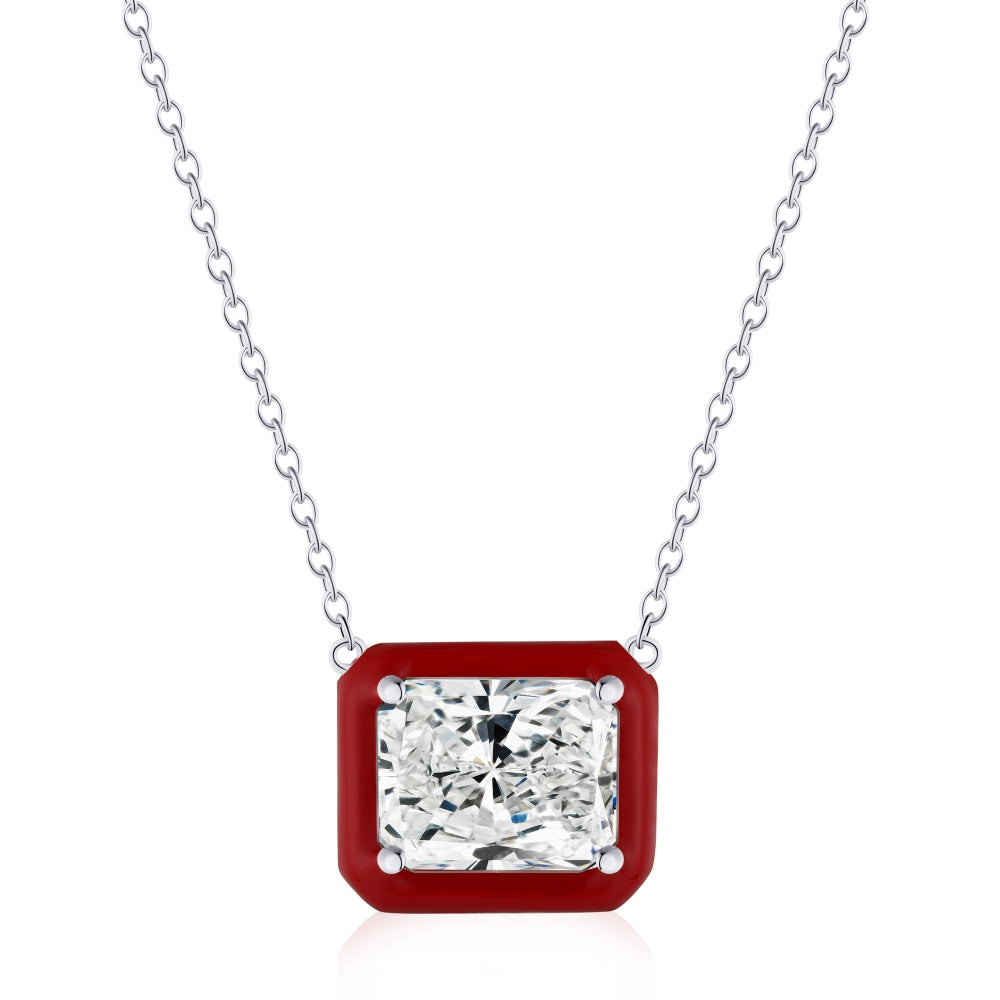 Women's Stylish Unique Pendant Necklace, Rectangle Shape Zirconia Inlay Inside Red Epoxy, S925 with White Gold Plating