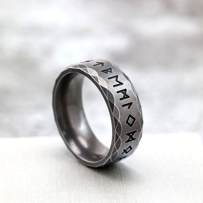 Vintage Antique Finish Stainless Steel Viking Rune Ring for Men