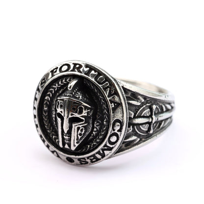 Vintage Stainless Steel Spartan Helmet Ring Engraved Virtutis Fortuna Comes for Men