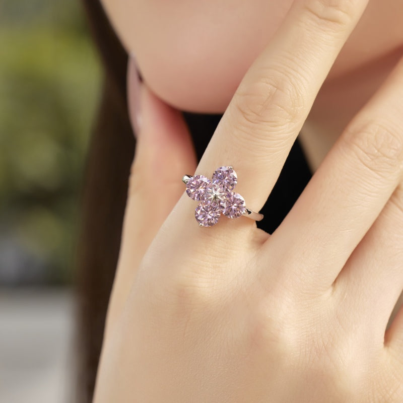 Women's S925 Silver White Gold Tone Ring, Pink Round Zircon Inlaid Four-Leaf Clover Eight-Pointed Star Ladies Fashion Ring