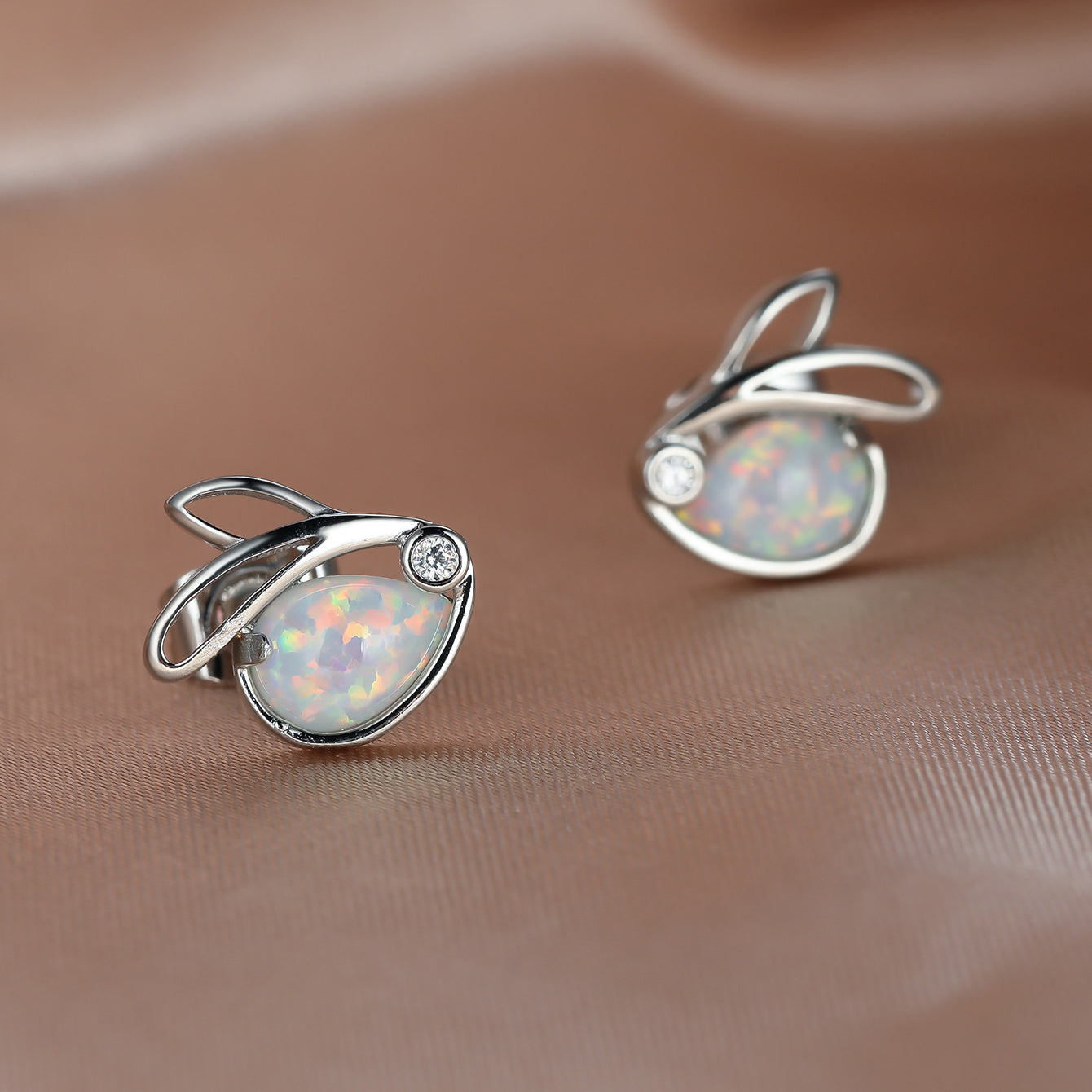 Women's Hollow Rabbit Teardrop Opal Stud Earrings with Round Zirconia Accent, with White Gold Plating