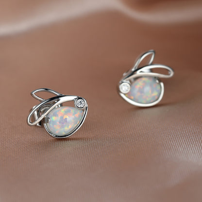 Women's Hollow Rabbit Teardrop Opal Stud Earrings with Round Zirconia Accent, with White Gold Plating