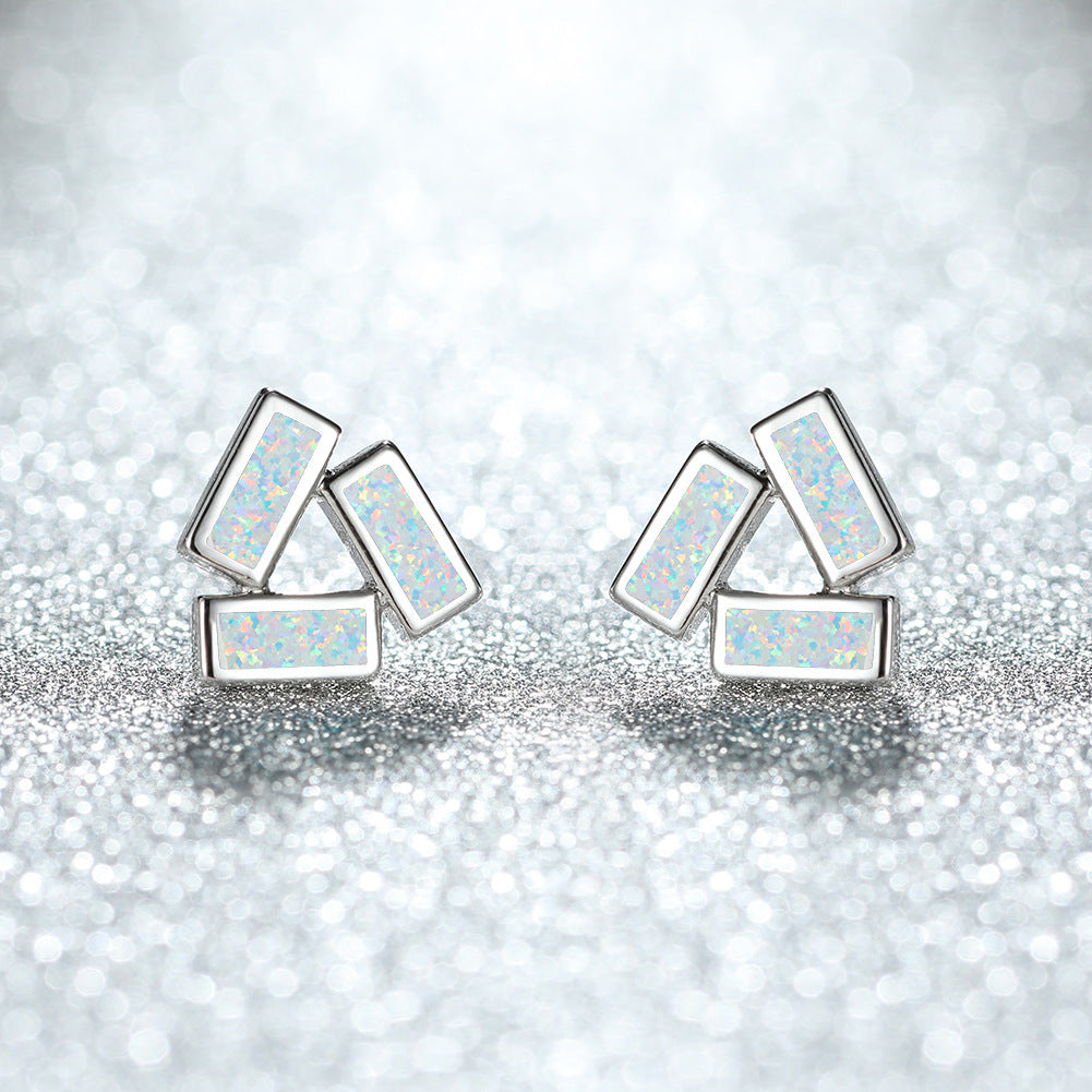 Women's Three Rectangle Blue Opal / White Opal Geometric Stud Earrings, Rose Gold / White Gold Plating