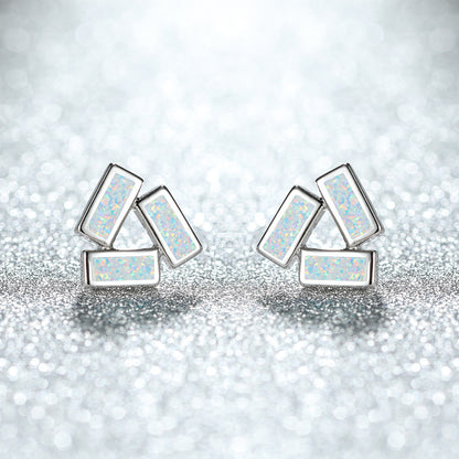 Women's Three Rectangle Blue Opal / White Opal Geometric Stud Earrings, Rose Gold / White Gold Plating