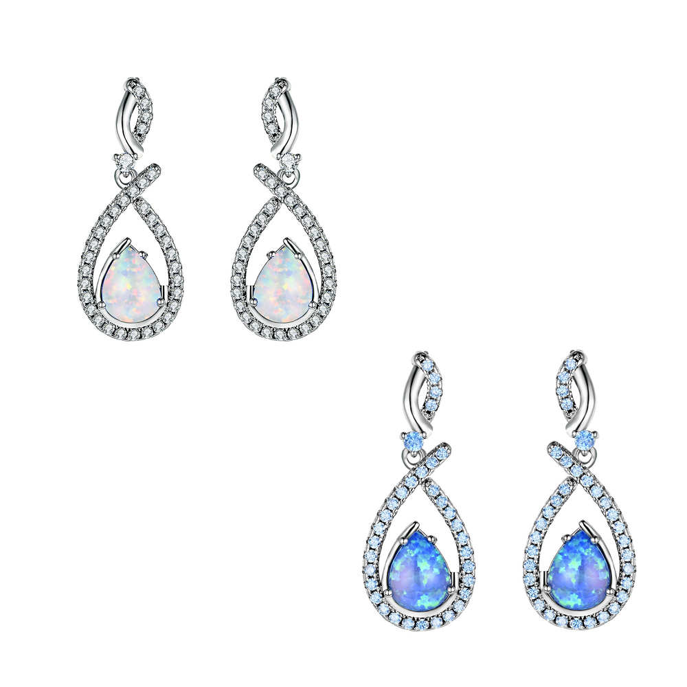 Women's Pear Shape Halo White & Blue Opal Teardrop Dangle Earrings, White Gold Plating