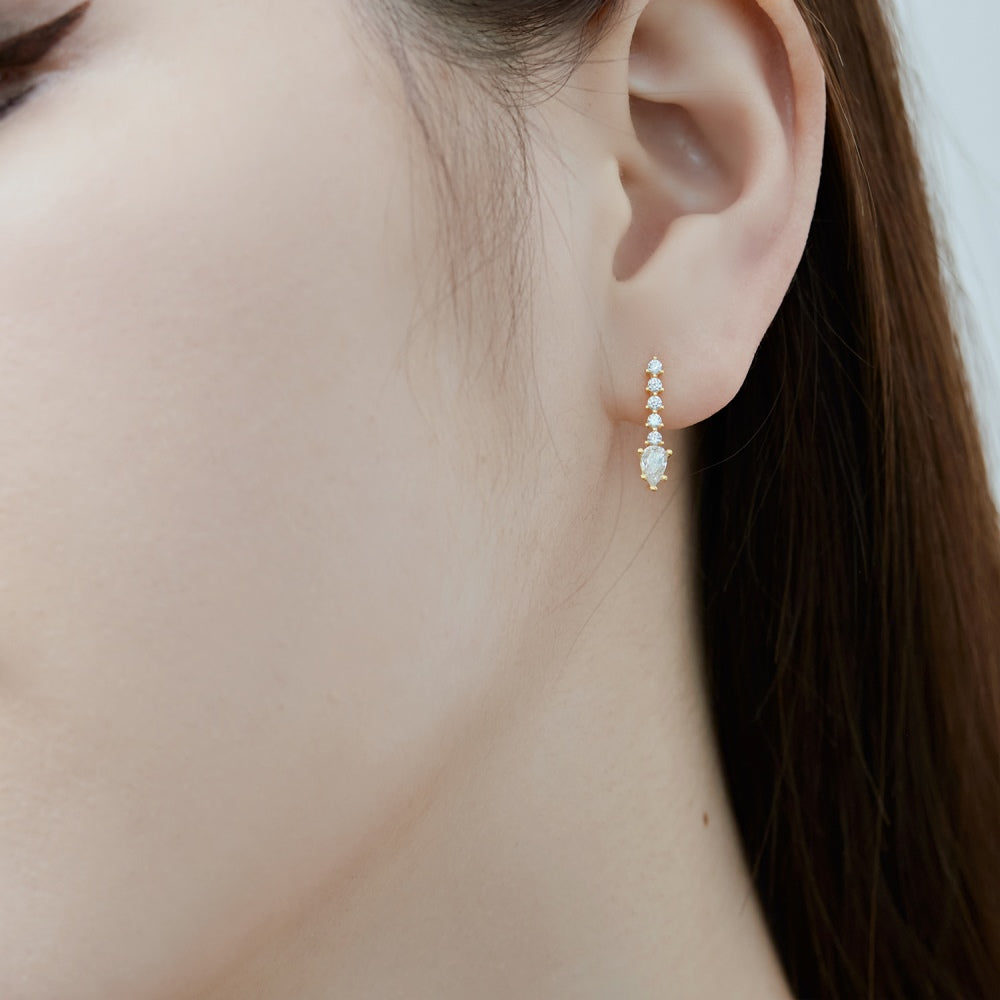 Women's Dangle Earrings, Pear Shape Main Stone Spliced With Drop & Round Colorless Zirconia Paved Setting, S925 with Gold Plating