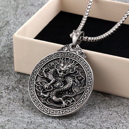 Vintage Stainless Steel Double-sided Chinese Dragon Pendant Necklace with Dragon Character for Men