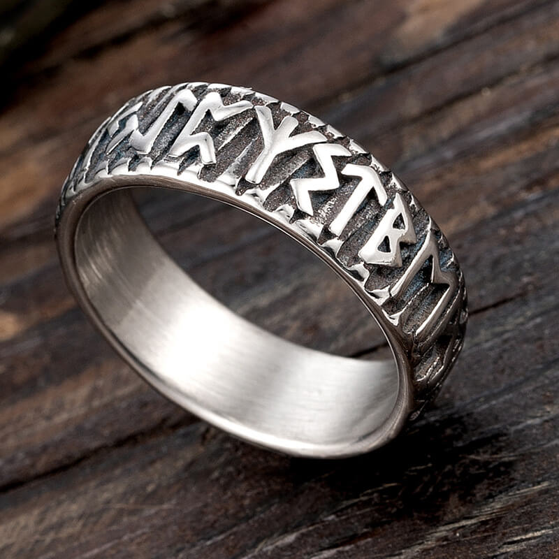 Vintage Solid Stainless Steel Norse Viking Full Rune Engraved Narrow Band Circle Ring for Men