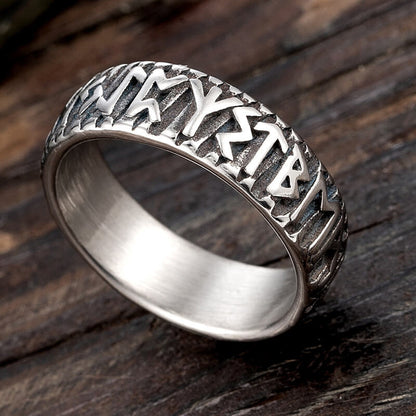 Vintage Solid Stainless Steel Norse Viking Full Rune Engraved Narrow Band Circle Ring for Men