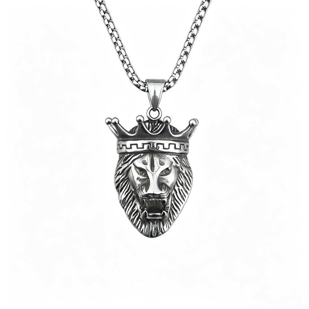 Men's Steel Crown Lion Head Vintage Animal Jewelry Pendant Necklace