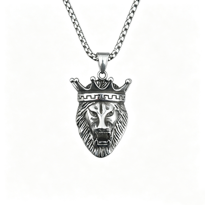 Men's Steel Crown Lion Head Vintage Animal Jewelry Pendant Necklace