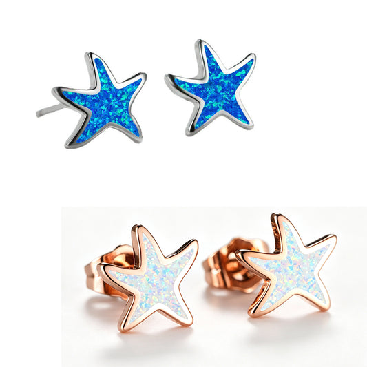 Women's Cute Starfish Shape Stud Earrings With White Opal Inlay, with Rose Gold Plating / with White Gold Plating