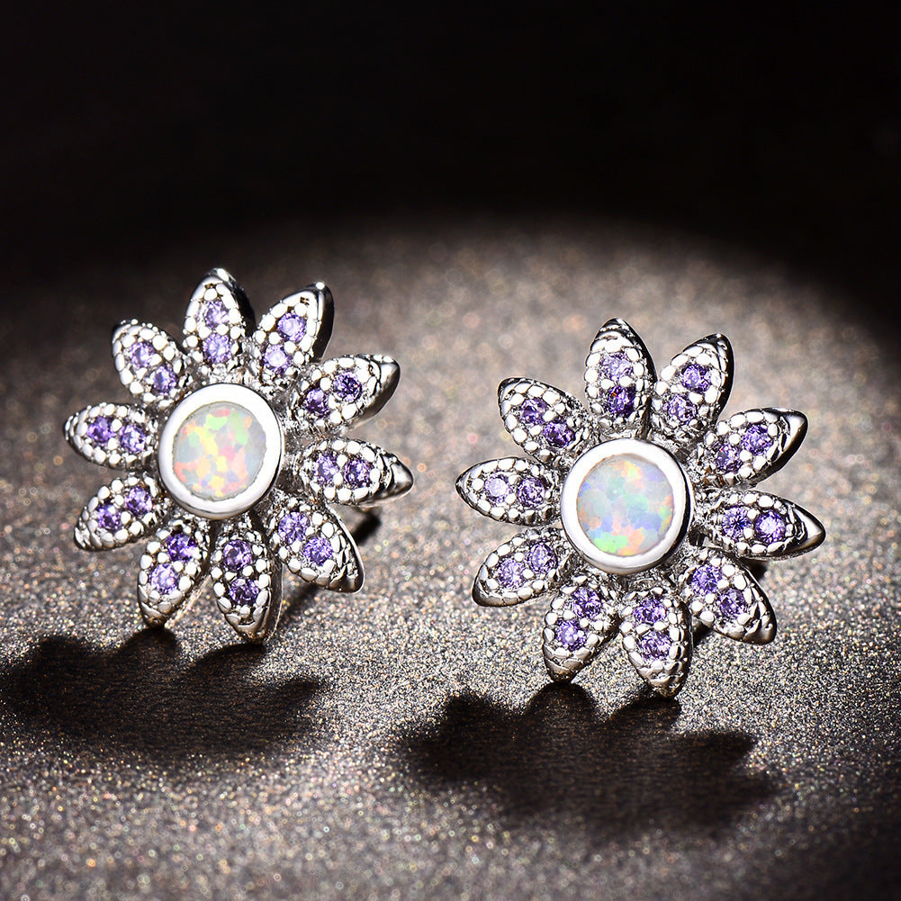 Women's Sunflower‑Shape Stud Earrings, Blue Opal / White Opal Inlay With Zirconia Accents, with White Gold Plating