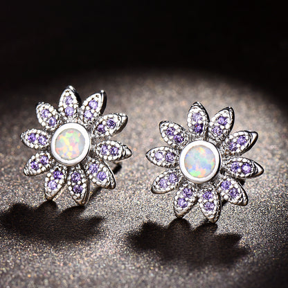 Women's Sunflower‑Shape Stud Earrings, Blue Opal / White Opal Inlay With Zirconia Accents, with White Gold Plating