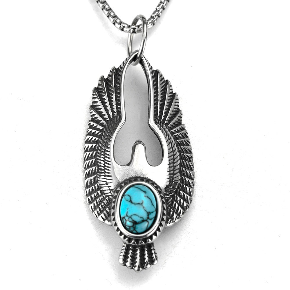 Men's Steel Flying Eagle With Turquoise Pendant Necklace