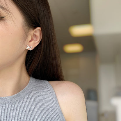 Women's Bow Stud Earrings, Full Paved Round Zirconia, S925 with White Gold Plating