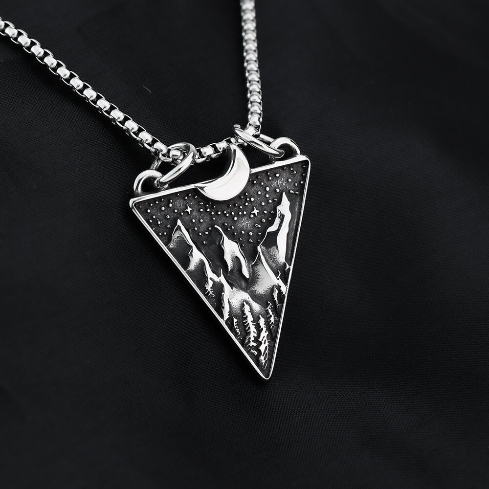 Mens Steel Triangle Mountain Moon Star Pendant Necklace