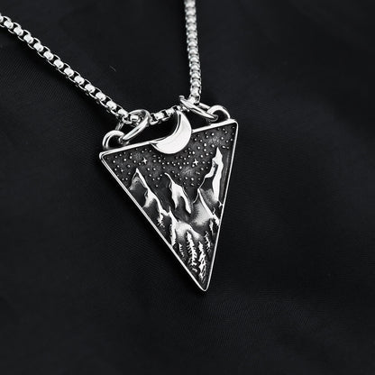 Mens Steel Triangle Mountain Moon Star Pendant Necklace