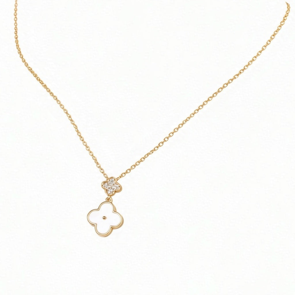 S925 Sterling Silver Four-Leaf Clover Necklace, White Round Zirconia & White Mother of Pearl Inlaid Niche Minimalist Jewelry