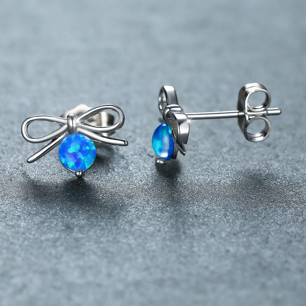 Women's Bow‑Shape Round Opal Stud Earrings, with Rose Gold Plating / White Gold Plating